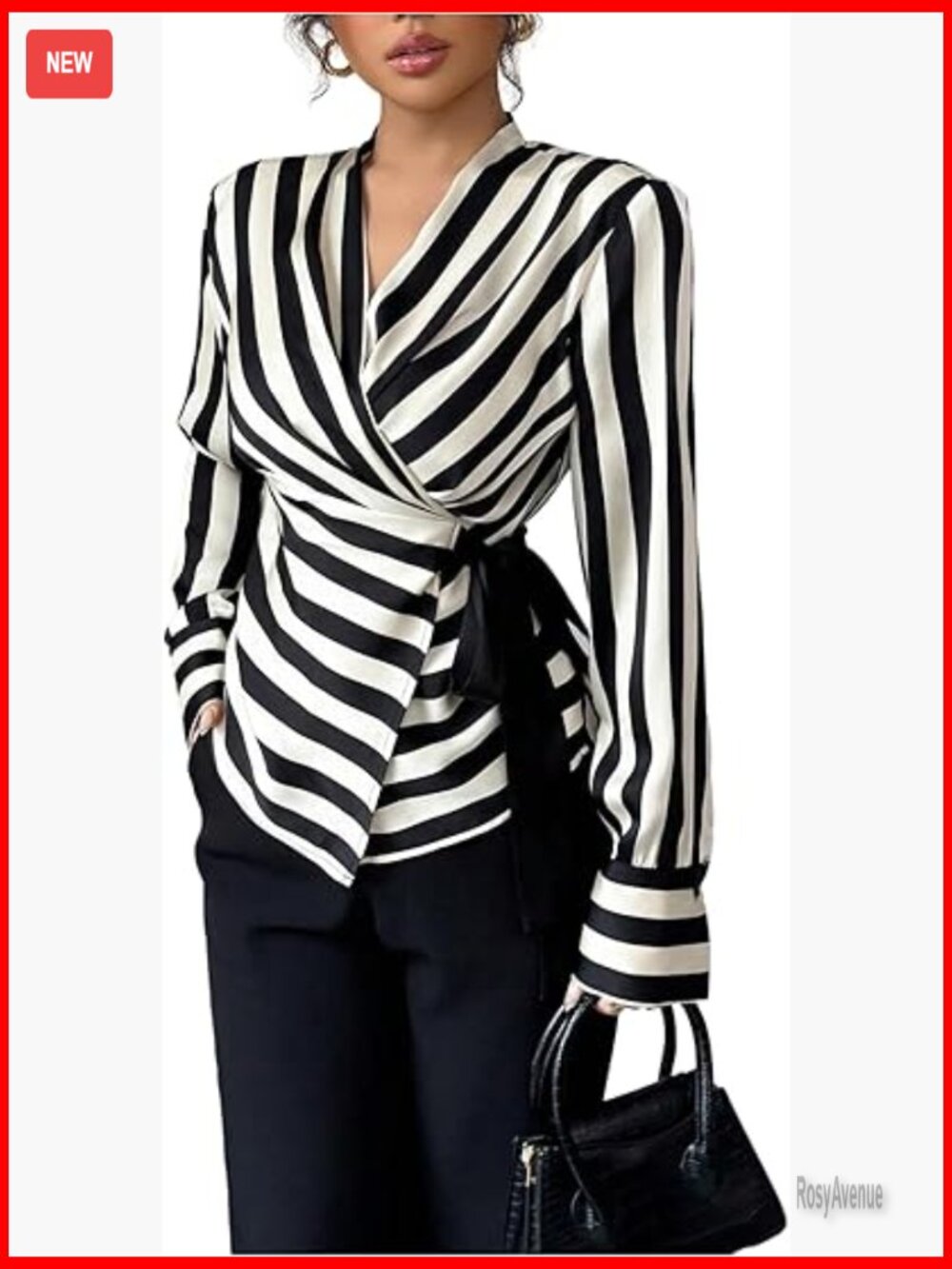 Striped V-Neck Wrap Blouse Long Sleeve Dressy Casual Top